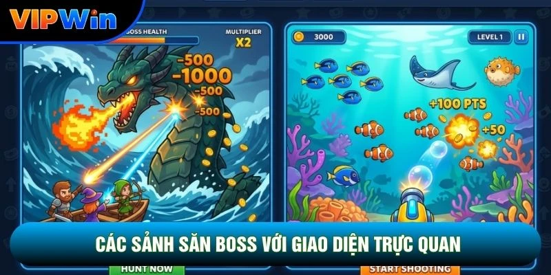 Săn Boss Bắn Cá Vipwin - Súng Gatling 150 Viên/Phút Tỷ Lệ Nổ Hũ 45% 3 Các sảnh săn boss với giao diện trực quan